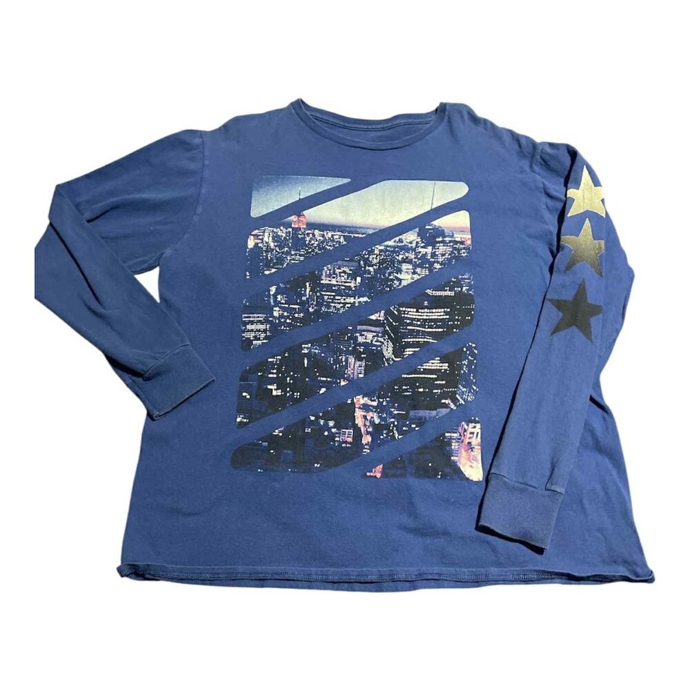 Cityscape Graphic Shirt Mens XL Blue Long Sleeve Stars Urban Night Skyline Top‎